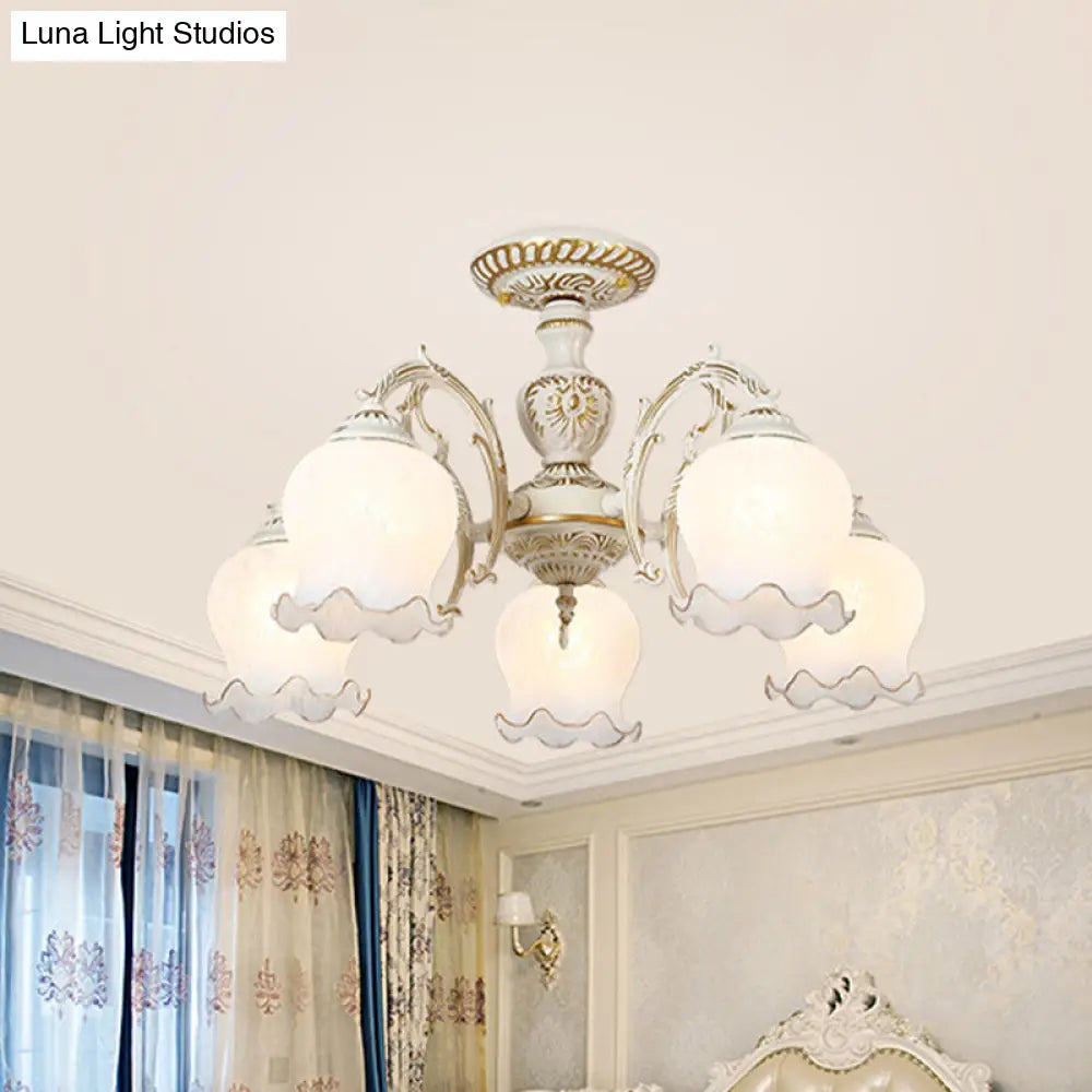 Rustic White Glass Semi Flush Mount Light Fixture With Beige Finish - Flower Living Room 3/5/6 Bulbs