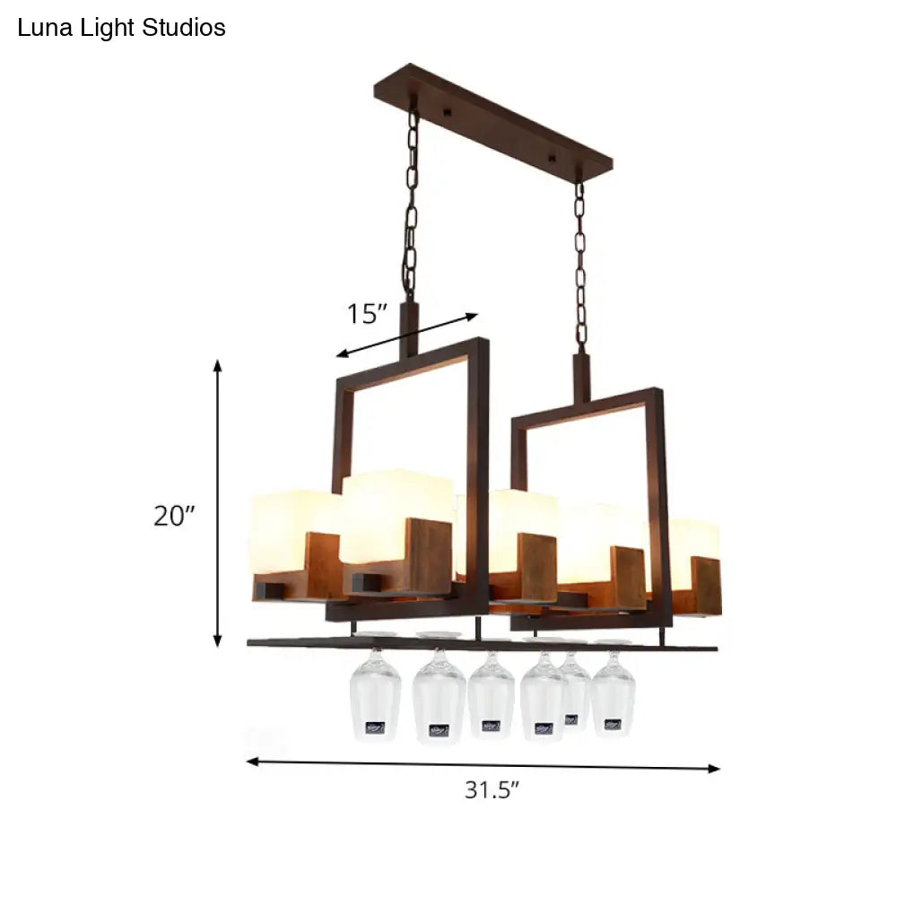 Rustic White Glass Square Restaurant Island Light With 8 Lights & Bronze Ceiling Mount -