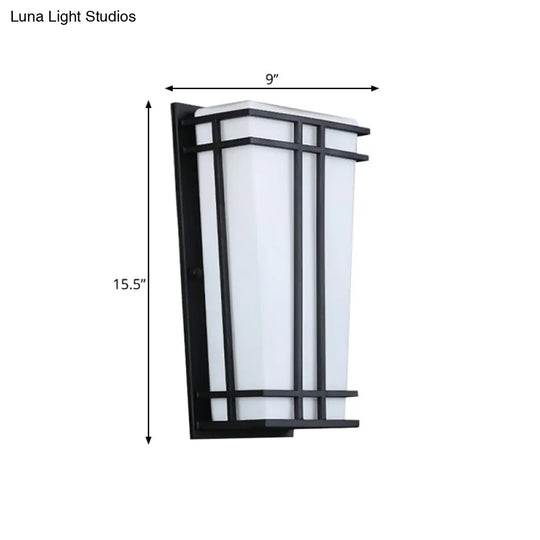 Rustic White Glass Trapezoid Wall Light: Flush Mount For Patio Textured Black Finish