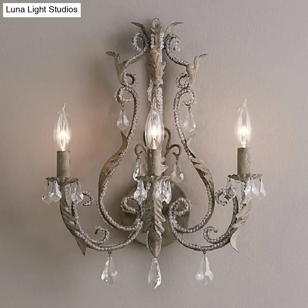 Rustic White/Grey Crystal Bead Wall Sconce With Candlestick - Indoor Lamp Fixture