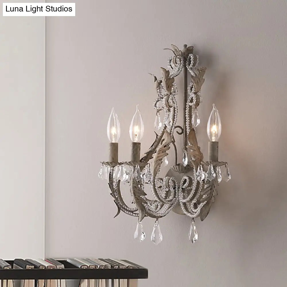 Rustic White/Grey Crystal Bead Wall Sconce With Candlestick - Indoor Lamp Fixture