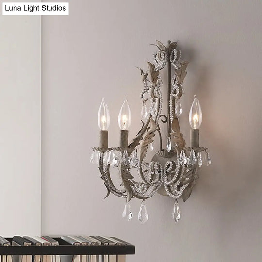 Rustic White/Grey Crystal Bead Wall Sconce With Candlestick - Indoor Lamp Fixture