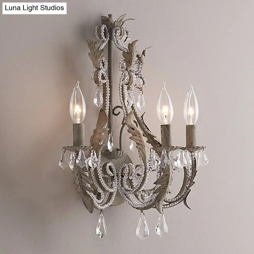 Rustic White/Grey Crystal Bead Wall Sconce With Candlestick - Indoor Lamp Fixture