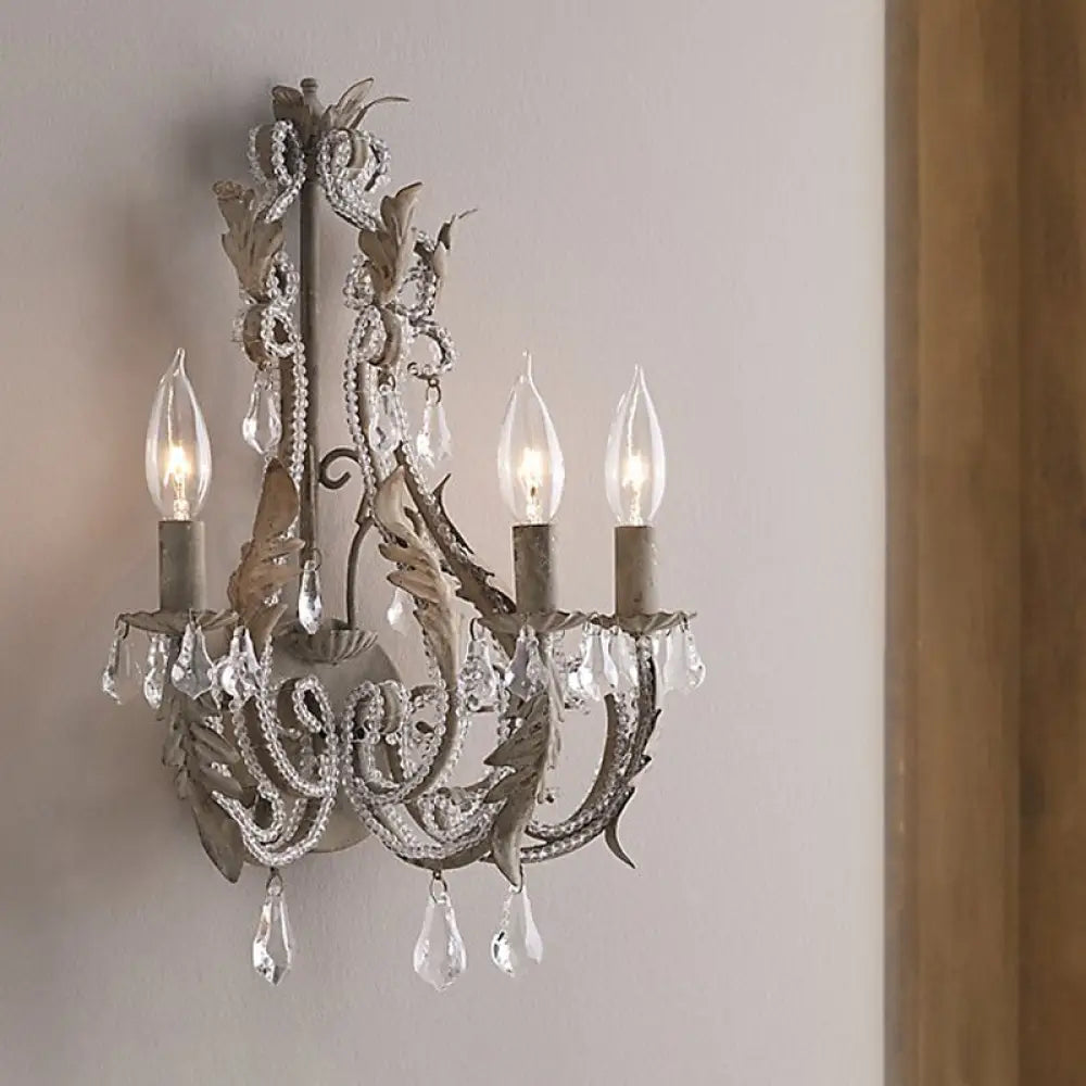 Rustic White/Grey Crystal Bead Wall Sconce With Candlestick - Indoor Lamp Fixture Grey