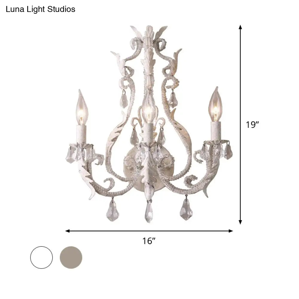 Rustic White/Grey Crystal Bead Wall Sconce With Candlestick - Indoor Lamp Fixture