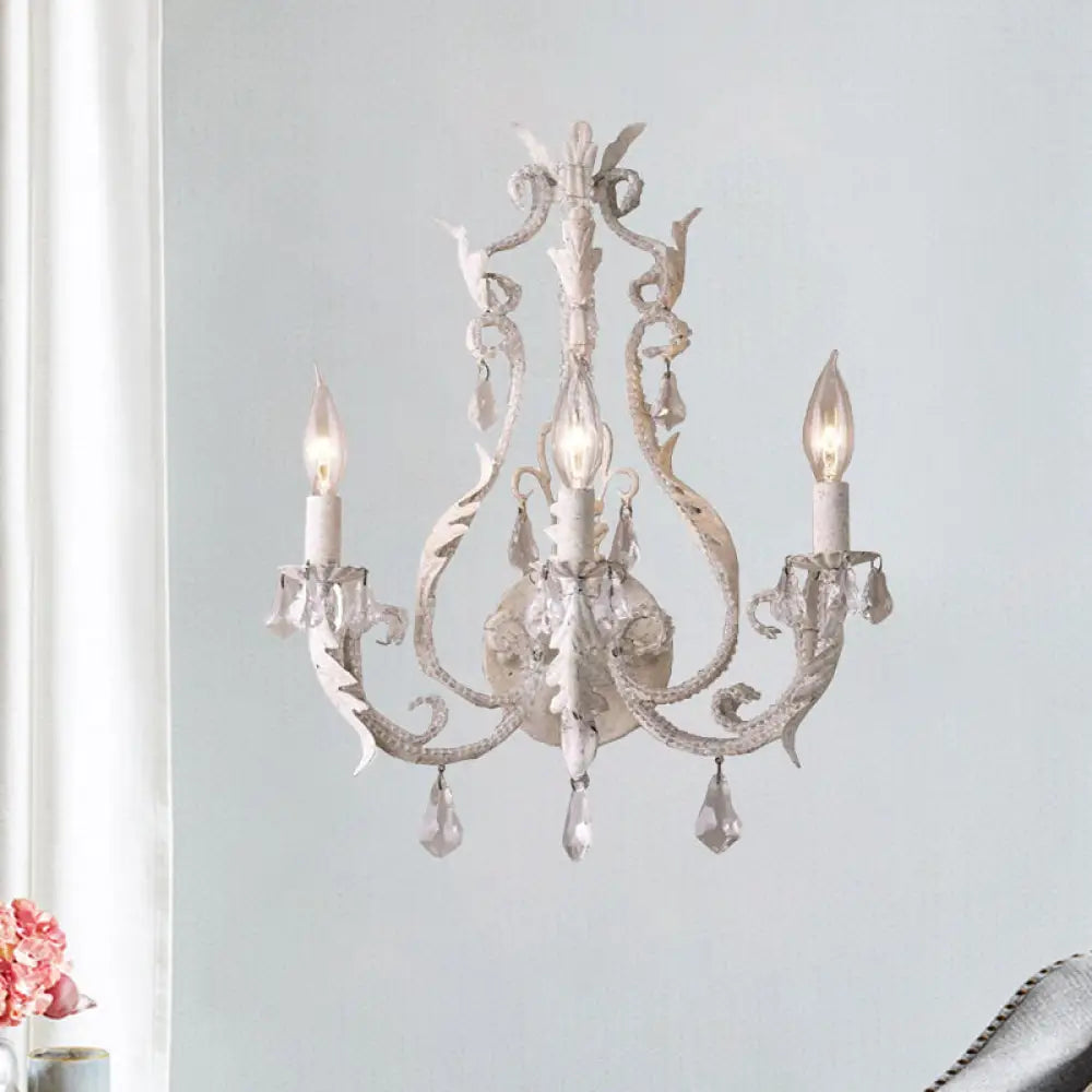 Rustic White/Grey Crystal Bead Wall Sconce With Candlestick - Indoor Lamp Fixture White