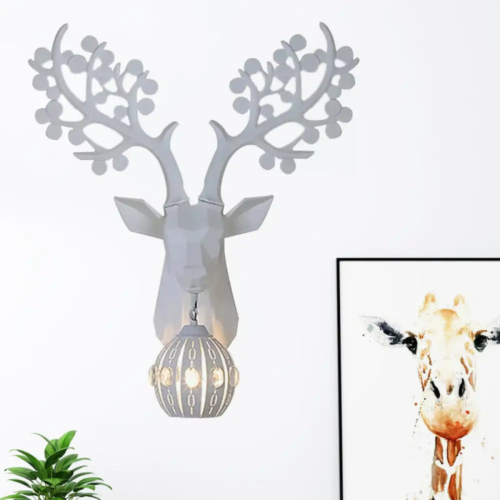 Rustic White Resin Deer Wall Sconce Light With Globe Metal Shade