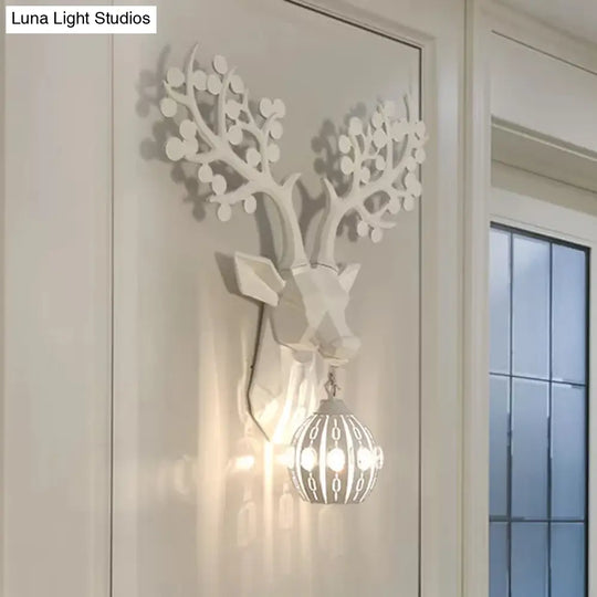 Rustic White Resin Deer Wall Sconce Light With Globe Metal Shade