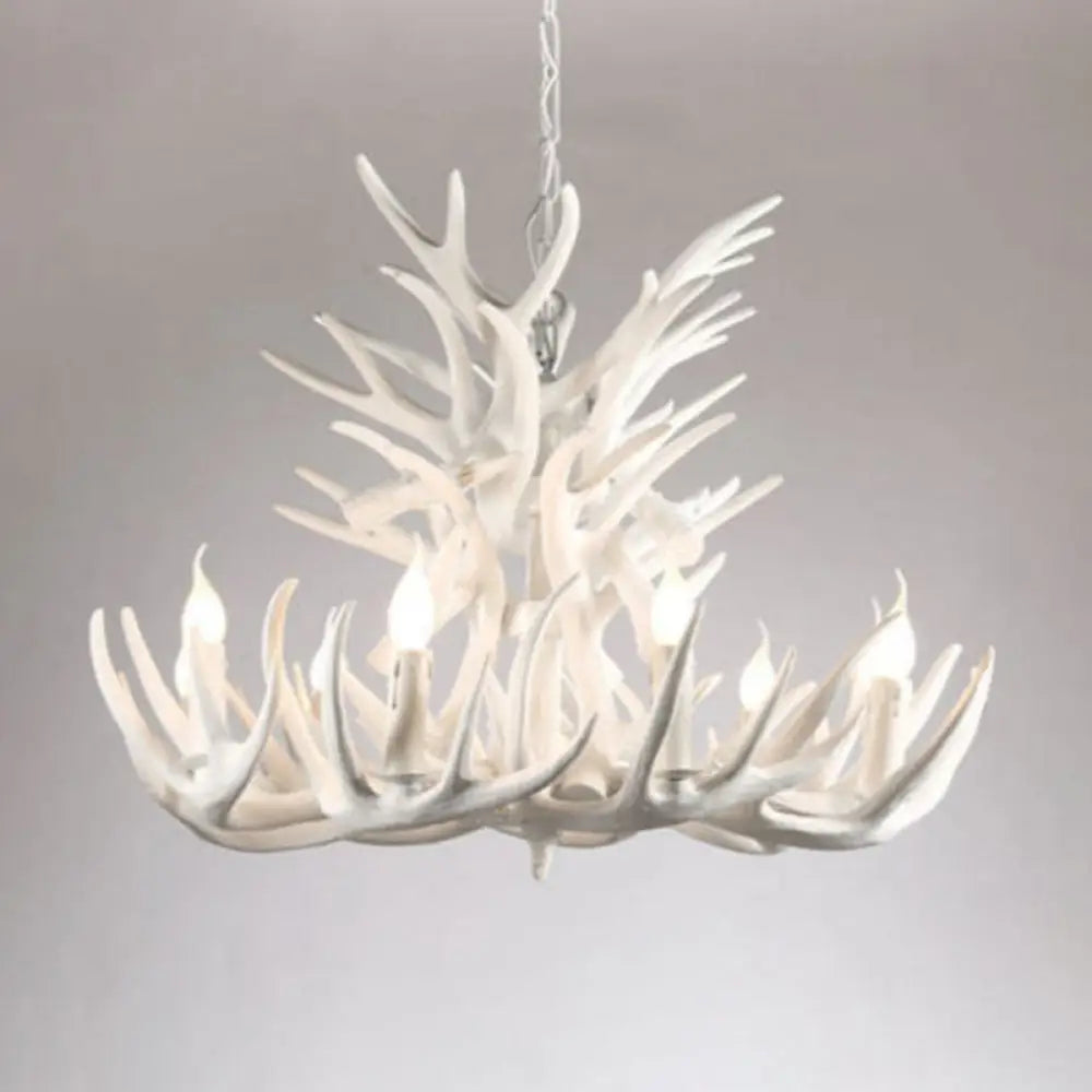 Rustic White Retro Resin Deer Horn Chandelier In Bedroom / 9+9