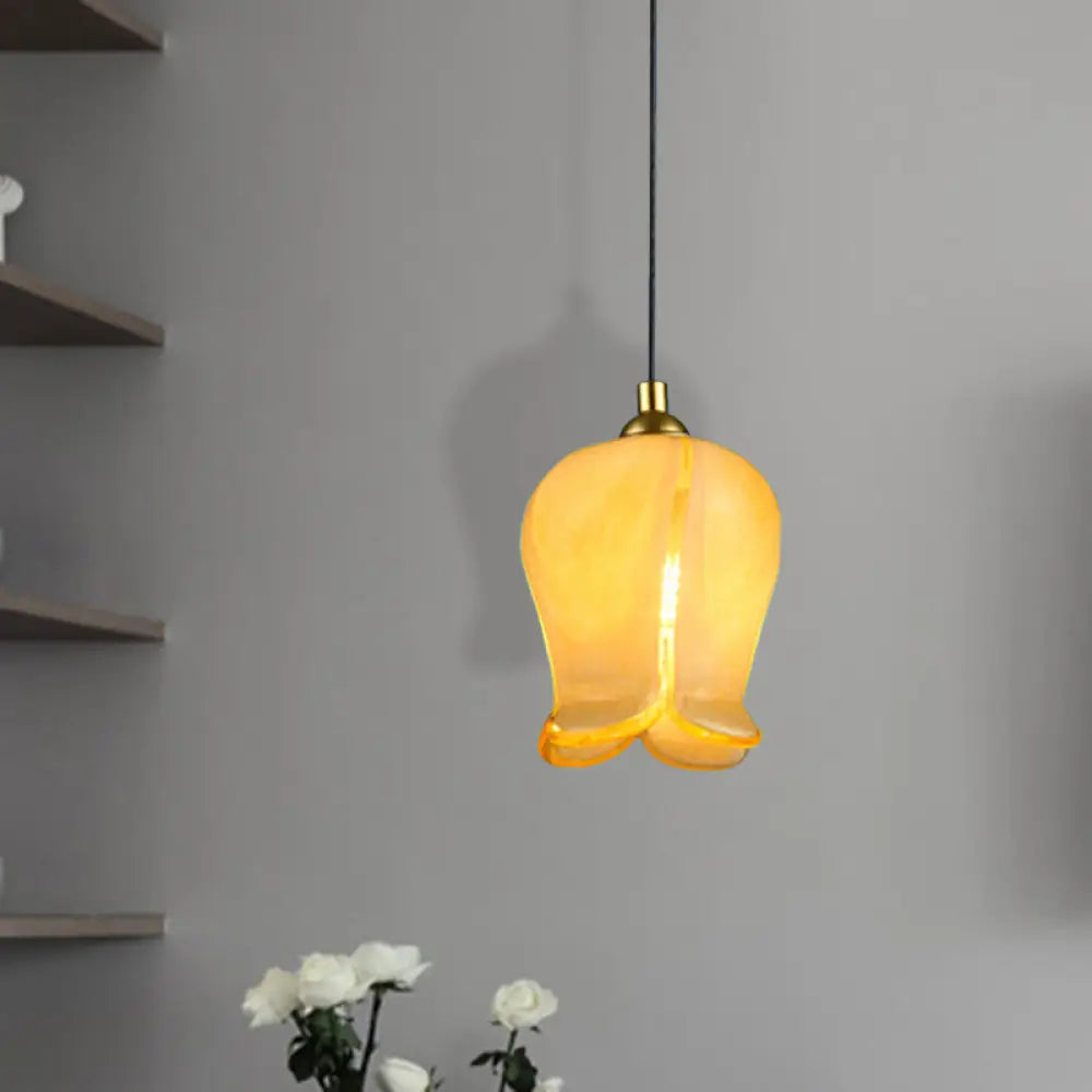 Rustic White/Yellow Glass Blossom Drop Pendant - Bedroom Ceiling Suspension Lamp Yellow