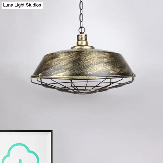 Wire Cage Pendant Light With Rustic Barn Shade - 1 Iron Fixture In Antique Brass/Rust 10-18 Width