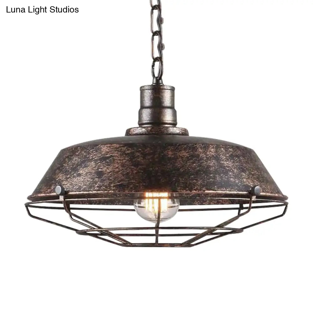 Rustic Wire Cage Pendant Light With Barn Shade In Antique Brass/Rustic Finish 1 10’/14’/18’ Width