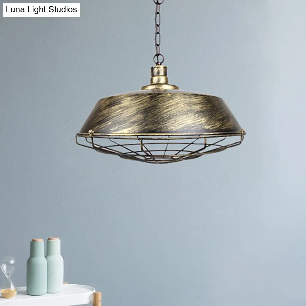 Wire Cage Pendant Light With Rustic Barn Shade - 1 Iron Fixture In Antique Brass/Rust 10-18 Width