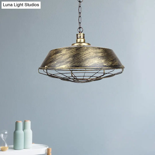 Rustic Wire Cage Pendant Light With Barn Shade In Antique Brass/Rustic Finish 1 10’/14’/18’ Width