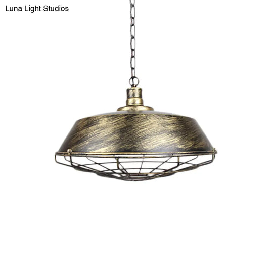 Rustic Wire Cage Pendant Light With Barn Shade In Antique Brass/Rustic Finish 1 10’/14’/18’ Width