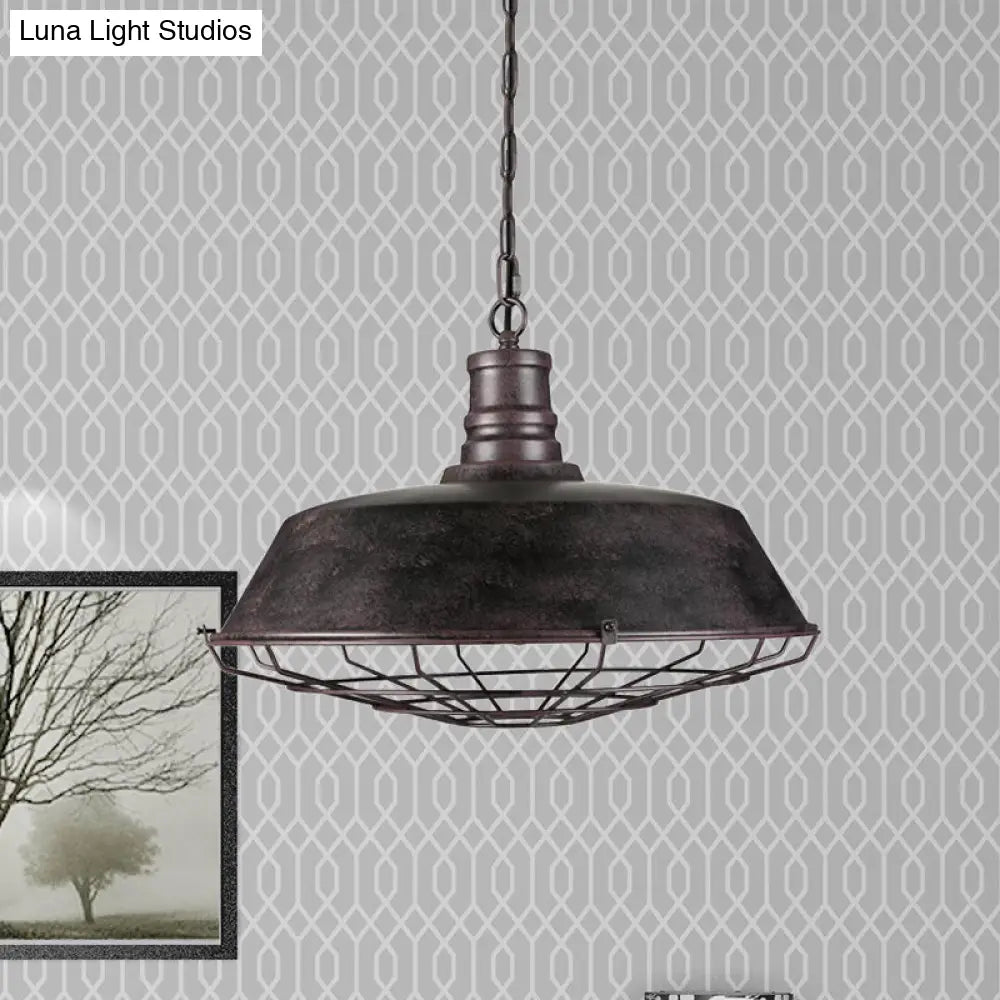 Rustic Wire Frame Hanging Light With Barn Shade - Wrought Iron Ceiling Fixture In Bronze