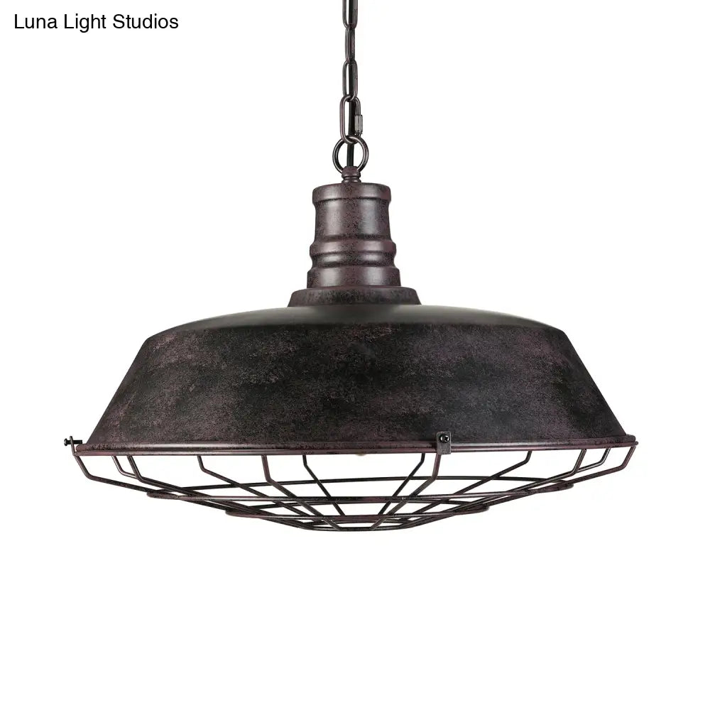 Rustic Wire Frame Hanging Light With Barn Shade - Wrought Iron Ceiling Fixture In Bronze