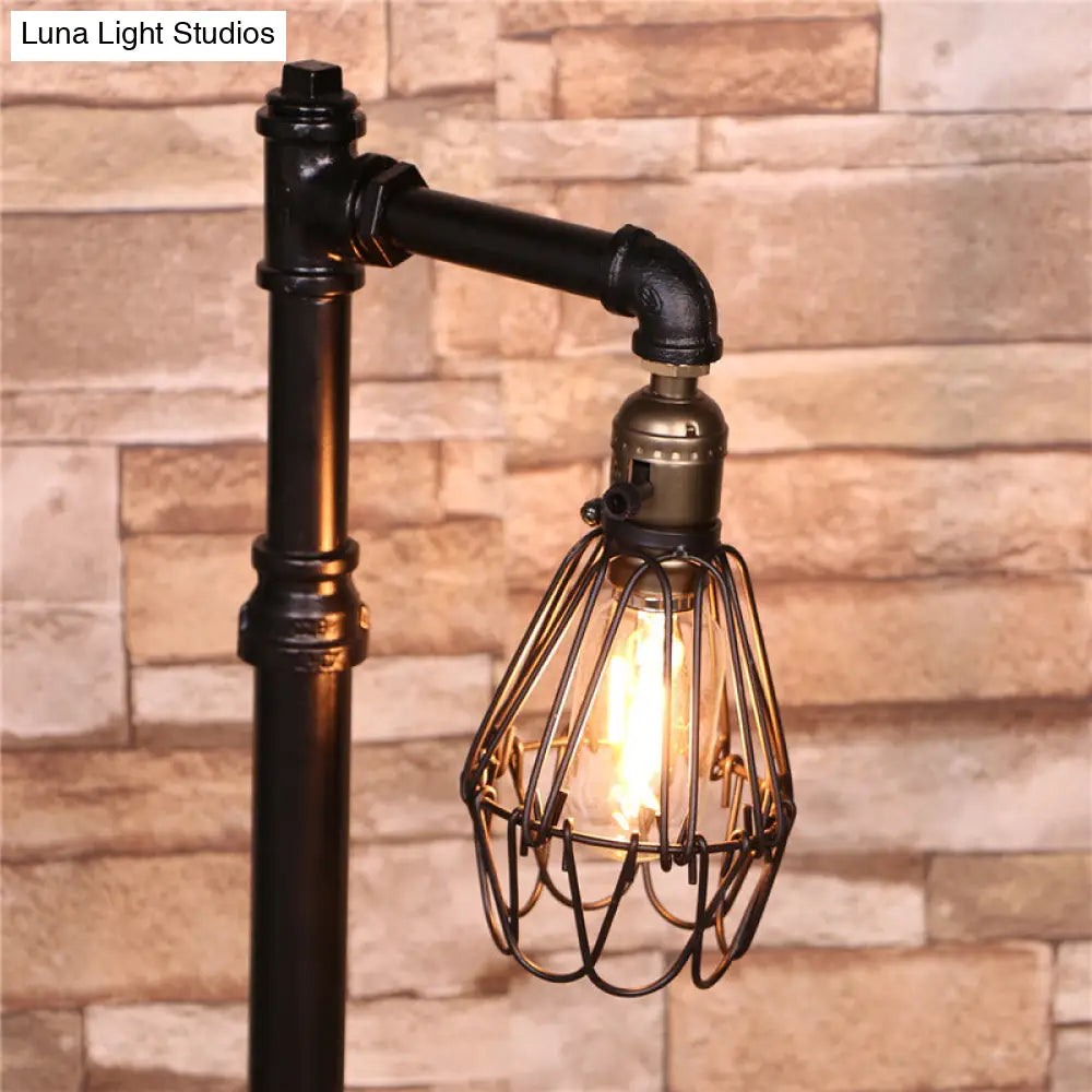 Rustic Wire Frame Table Lamp With Stylish Plumbing Pipe - Black Finish