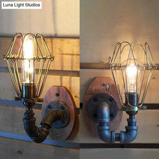 Rustic Wire Frame Wall Lighting With Stylish Pipe Design - 1 Light Wrought Iron Sconce In Black