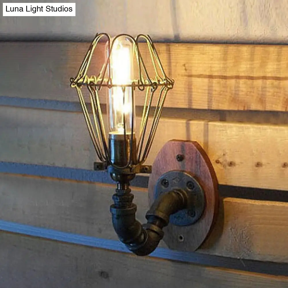 Rustic Wire Frame Wall Lighting With Stylish Pipe Design - 1 Light Wrought Iron Sconce In Black