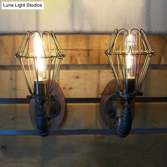 Rustic Wire Frame Wall Lighting With Stylish Pipe Design - 1 Light Wrought Iron Sconce In Black