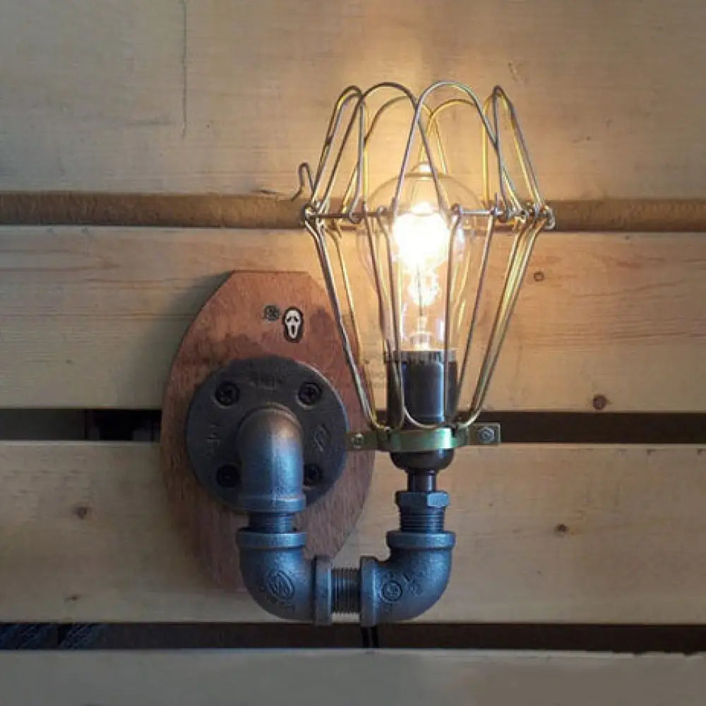 Rustic Wire Frame Wall Lighting With Stylish Pipe Design - 1 Light Wrought Iron Sconce In Black