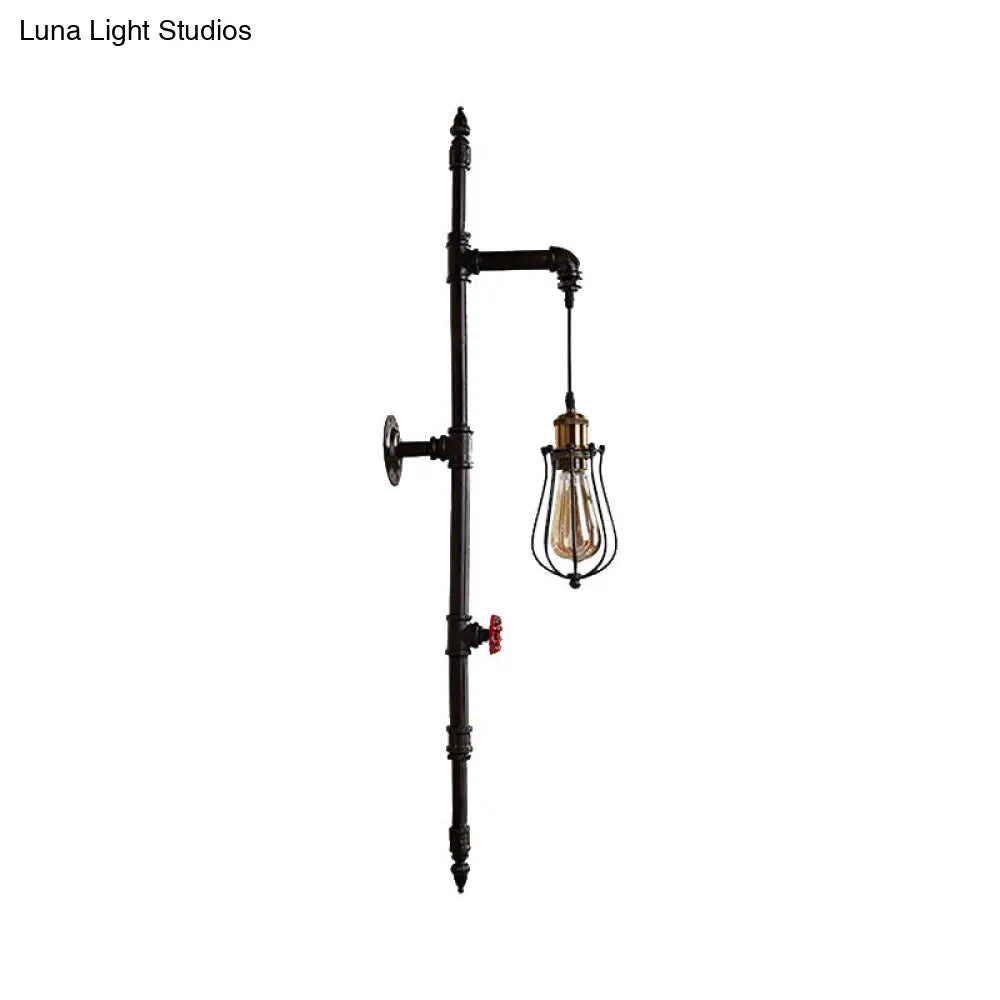 Rustic Wire Guard Wall Hanging Light With Iron Water Pipe Sconce In Black - Stylish Lighting For