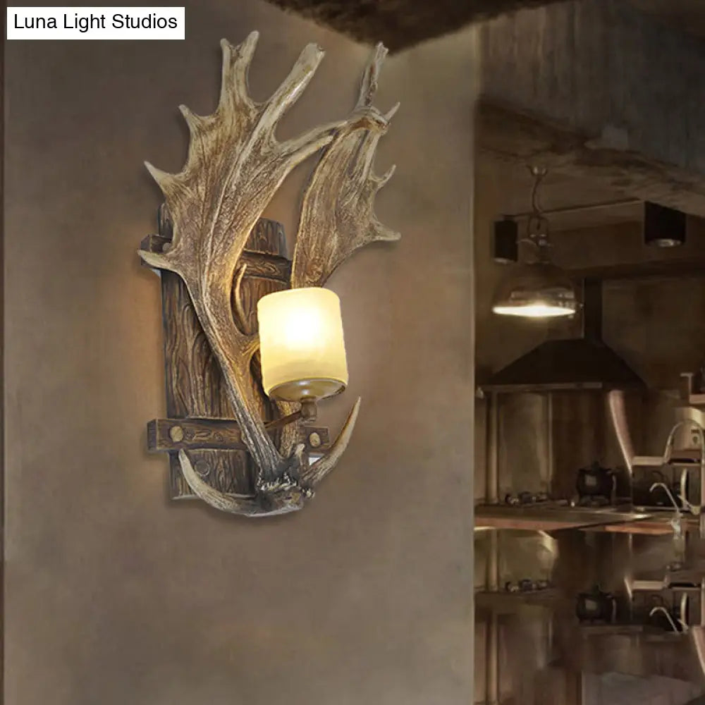 Rustic Wood Antler Resin Wall Sconce With Frosted Glass Shade: 1-Light Dining Room Light Fixture