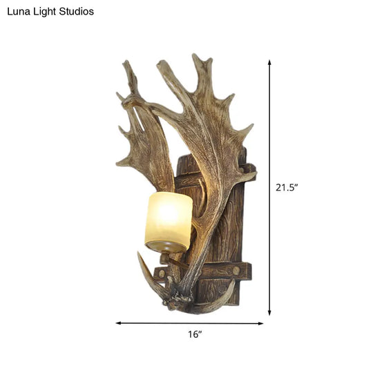 Rustic Wood Antler Resin Wall Sconce With Frosted Glass Shade: 1-Light Dining Room Light Fixture