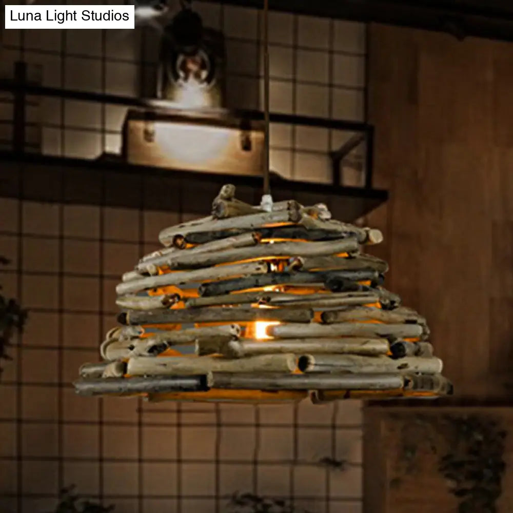 Country Style Wooden Stick Ceiling Light - 13/17 Wide Bowl Single Head Pendant For Farmhouse Décor