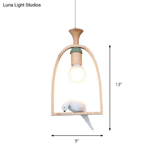 Rustic Wood Bird Cage Pendant Light With Pigeon Cafe - 1 Head Lamp