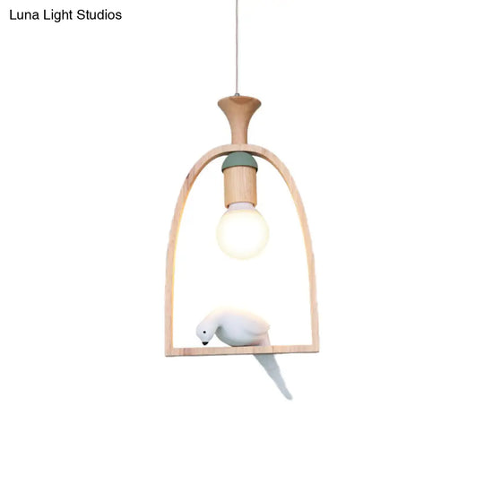 Rustic Wood Bird Cage Pendant Light With Pigeon Cafe - 1 Head Lamp