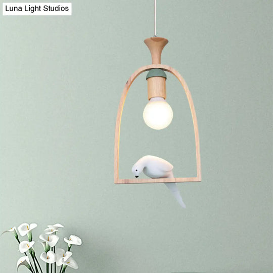 Rustic Wood Bird Cage Pendant Light With Pigeon Cafe - 1 Head Lamp