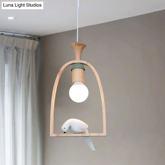 Rustic Wood Bird Cage Pendant Light With Pigeon Cafe - 1 Head Lamp