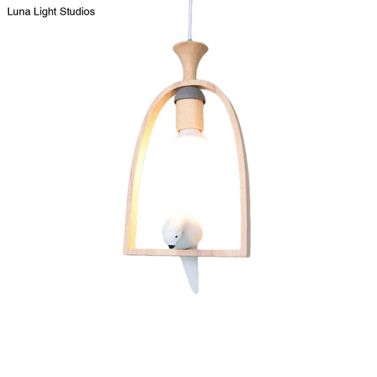 Rustic Wood Bird Cage Pendant Light With Pigeon Cafe - 1 Head Lamp