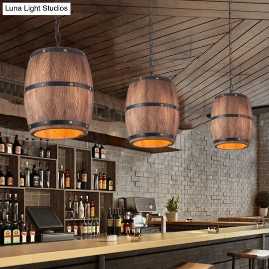 Rustic Wood Bucket Pendant Light For Bar - Brown Industrial Hanging Lamp