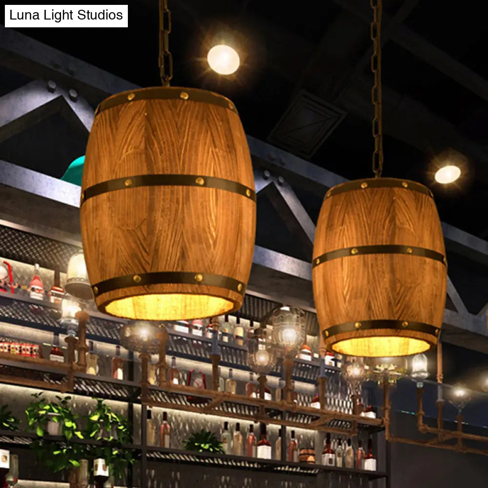 Rustic Wood Bucket Pendant Light For Bar - Brown Industrial Hanging Lamp