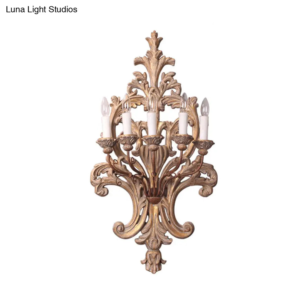 Rustic Wood Candelabra Wall Lamp - 5-Light Bedroom Sconce Fixture