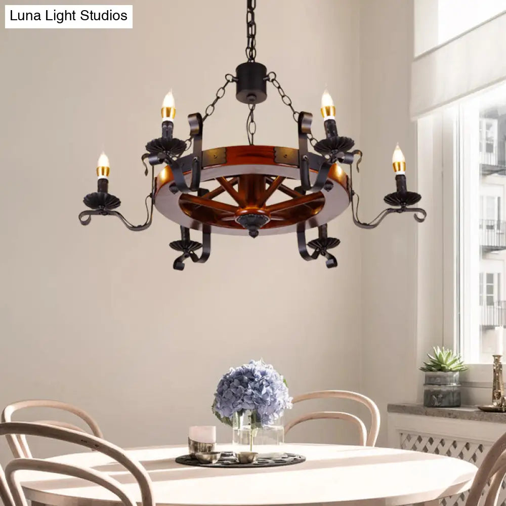 Rustic Wood Candle Chandelier - Red Brown 3/5/6 Lights Dining Room Hanging Light