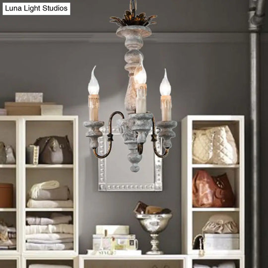 Rustic Wood Candle Chandelier With Grey Finish - 3-Bulb Hanging Ceiling Light