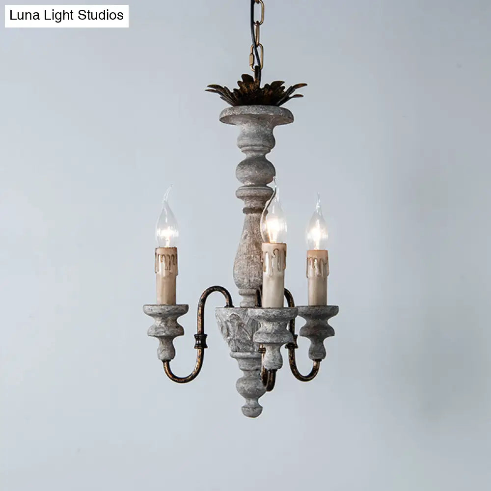 Rustic Wood Candle Chandelier With Grey Finish - 3-Bulb Hanging Ceiling Light