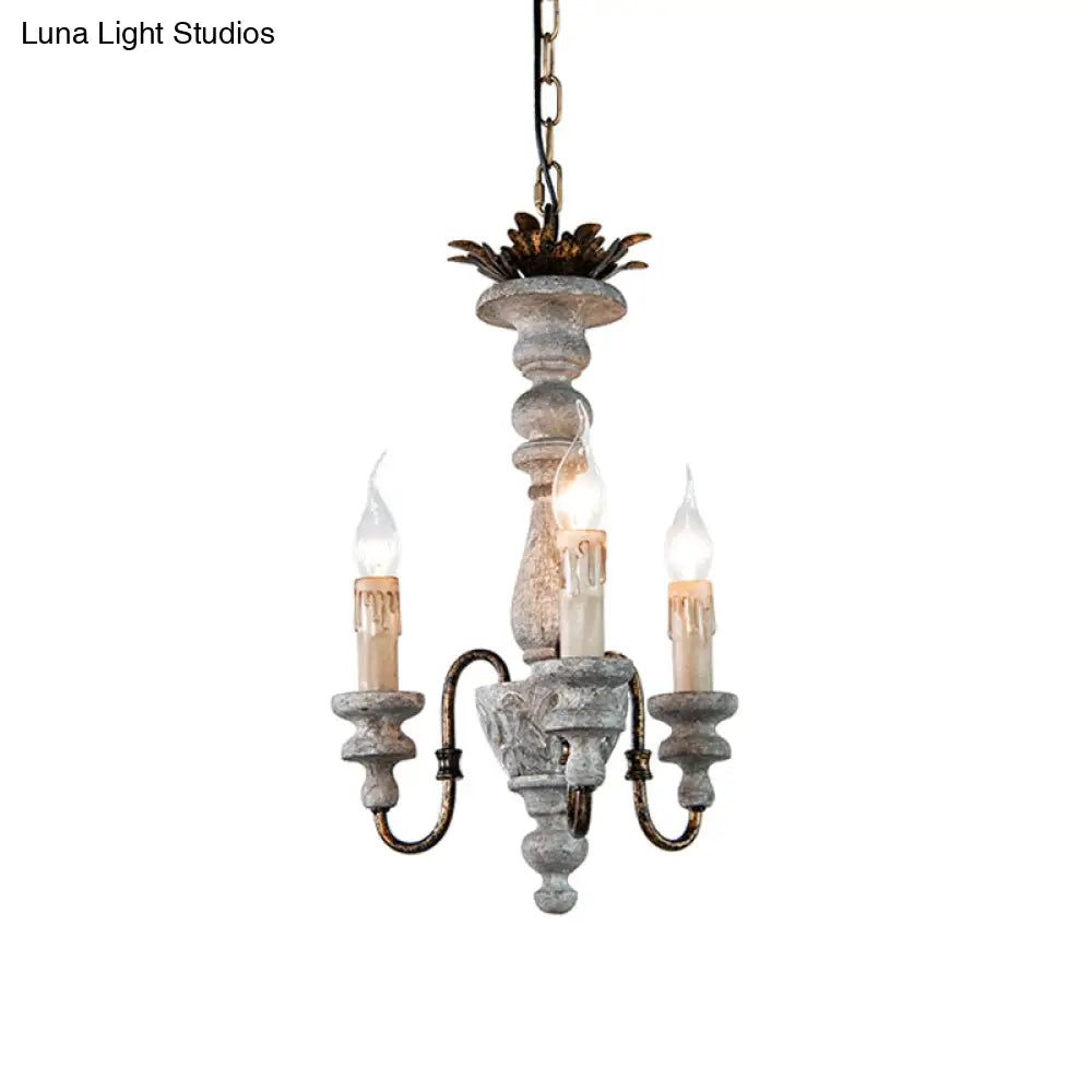 Rustic Wood Candle Chandelier With Grey Finish - 3-Bulb Hanging Ceiling Light