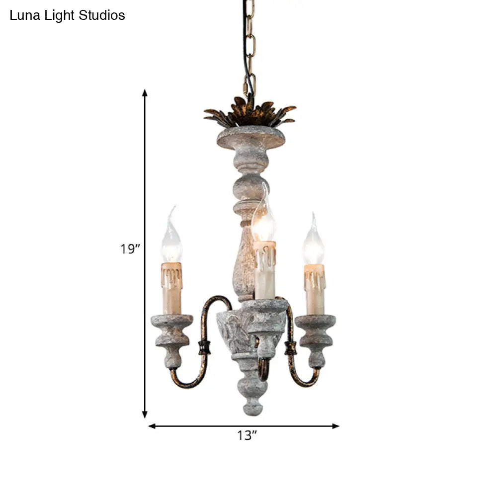 Rustic Wood Candle Chandelier With Grey Finish - 3-Bulb Hanging Ceiling Light