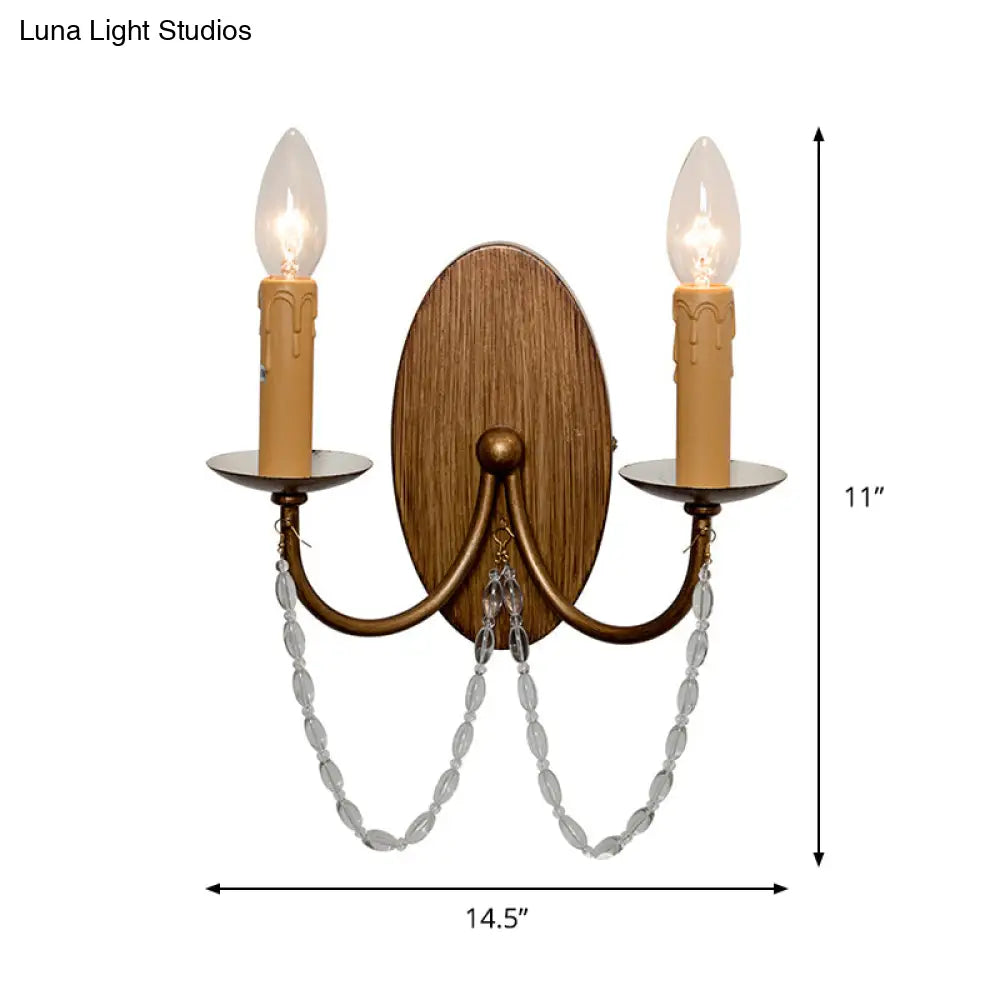 Rustic Wood Candle Wall Sconce - Crystal Bead 2 Lights Hallway Mount Lamp