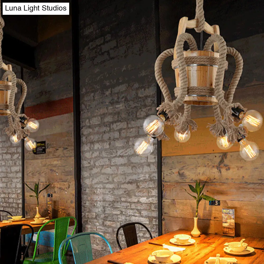 Farmhouse Rope 6-Light Wood Chandelier For Curved Arm Dining Room