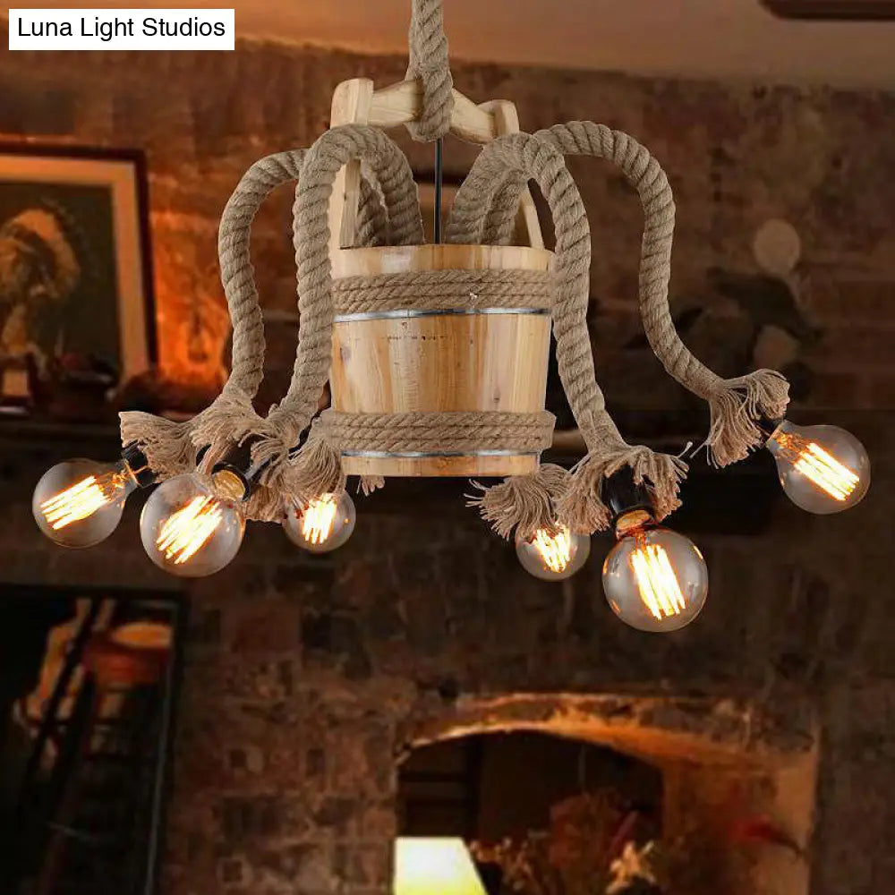 Farmhouse Rope 6-Light Wood Chandelier For Curved Arm Dining Room