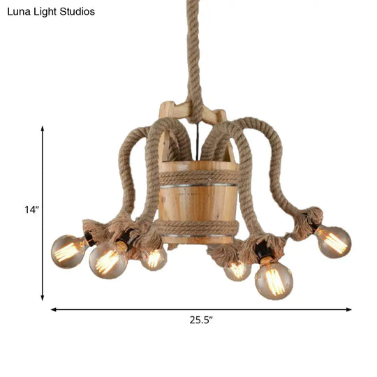 Farmhouse Rope 6-Light Wood Chandelier For Curved Arm Dining Room