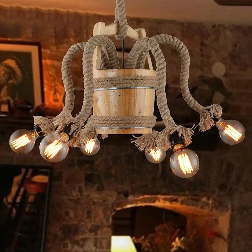 Rustic Wood Chandelier – 6-Light Farmhouse Rope Ceiling Fixture For Dining Room