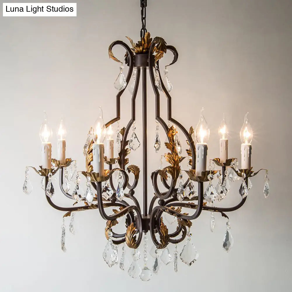 Rustic Wood Chandelier Lamp With Crystal Accent - Swooping Arm Pendant Light For Traditional Living