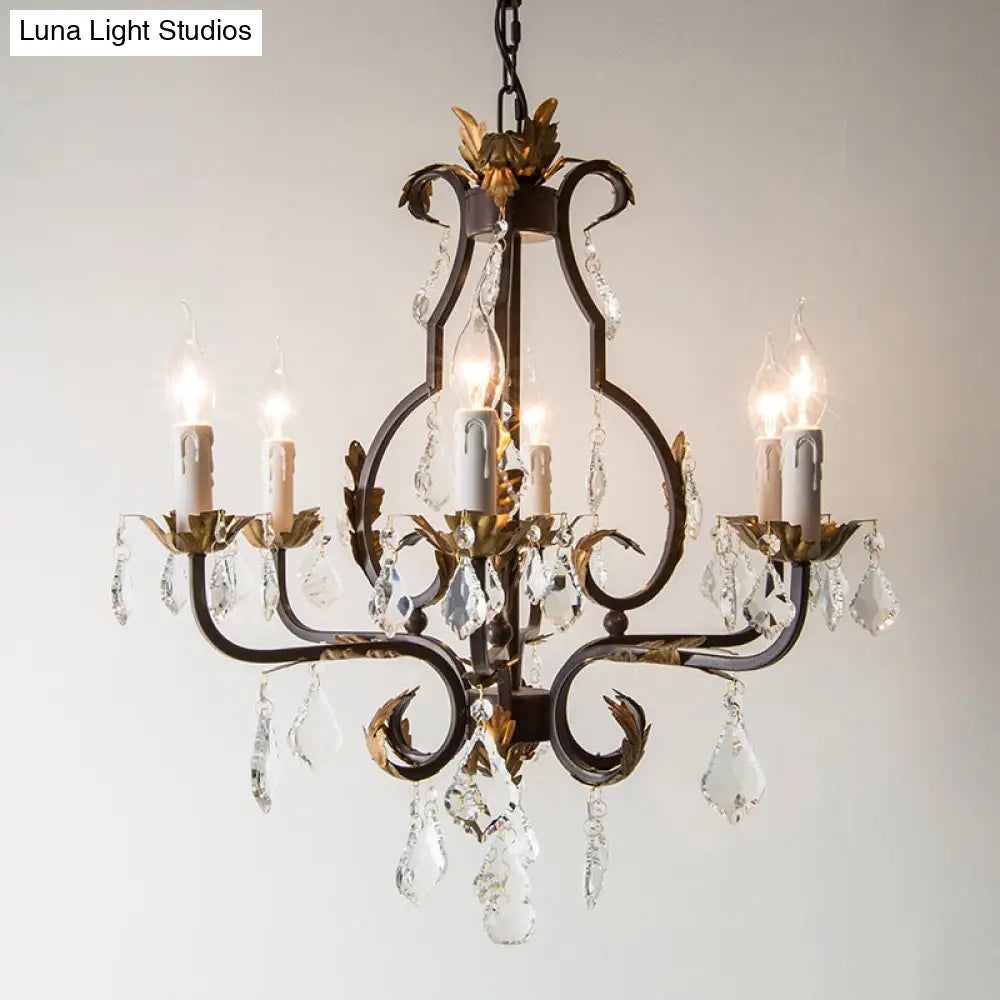 Rustic Wood Chandelier Lamp With Crystal Accent - Swooping Arm Pendant Light For Traditional Living